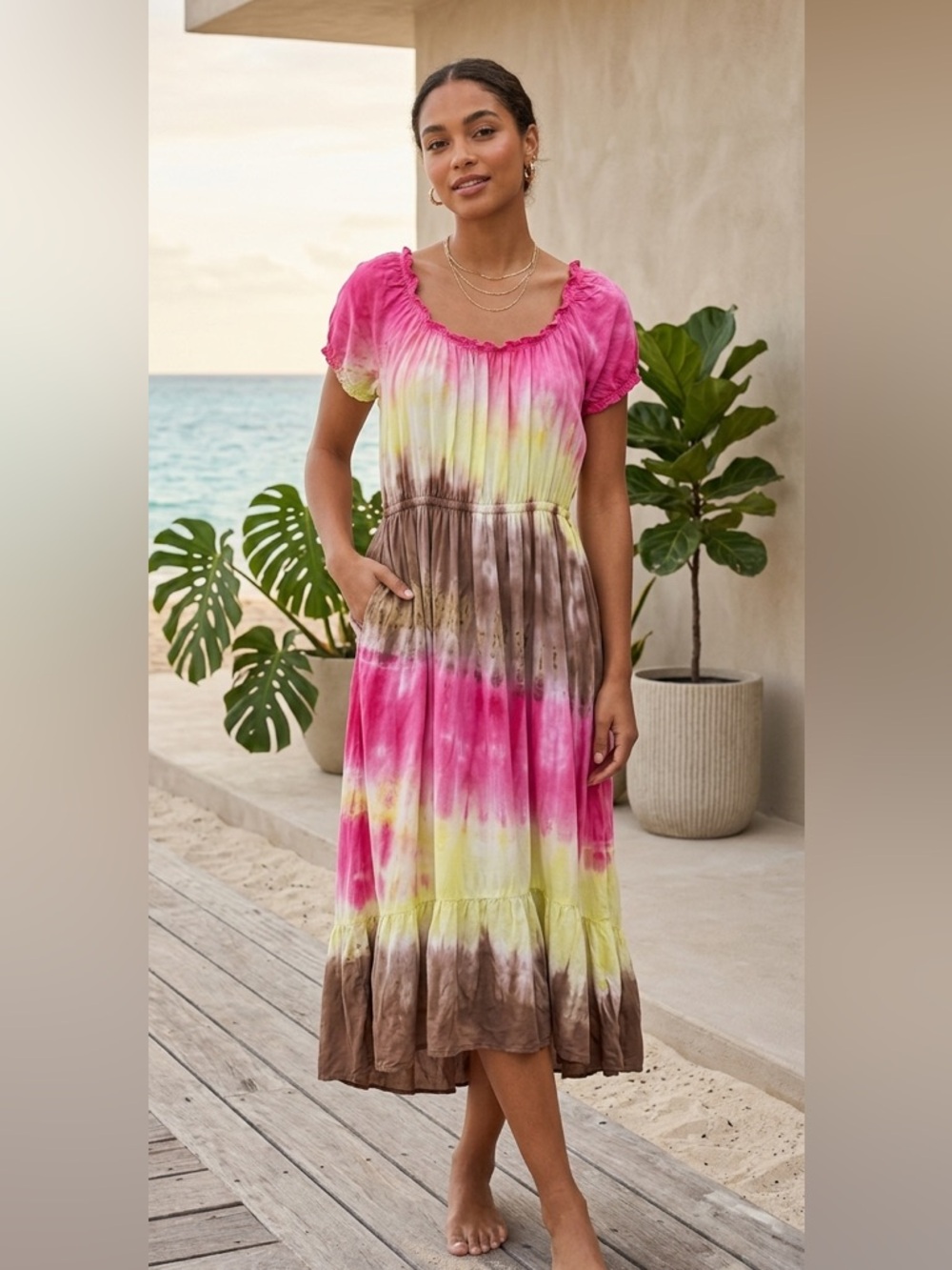 Tie-Dye Maxi Dress in Hot Pink, Yellow & Brown rayon mididress coquette boho
